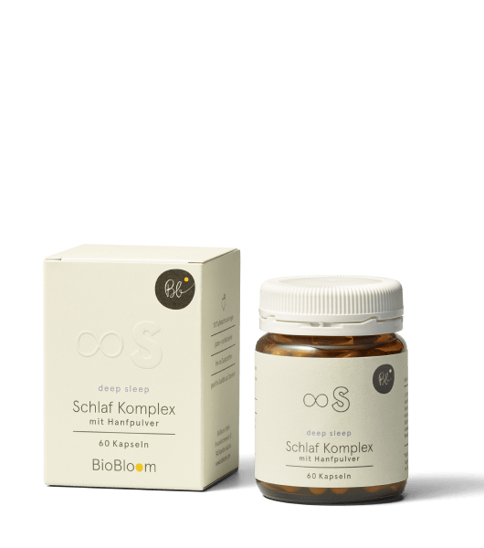 BioBloom Schlafkomplex deep sleep Kapseln mit Hanfpulver, Melatonin, Hopfen, Baldrian und Lavendel